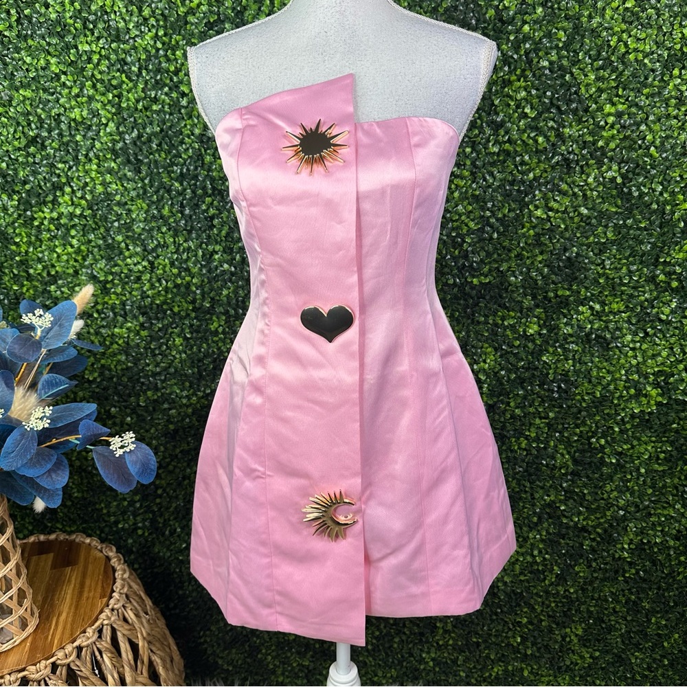 Nwt Commense pink Satin Asymmetrical Embellished Strapless Dress Barbiecore‎ - Picture 8 of 14